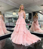 Prom Dress 2025 Rruffled Sparkly Tulle Prom Dresses Plunging V-Neck Lace Applique Formal Gown 22033-unique elegant Prom Dresses-Pink-US2-vigocouture