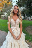 Prom Dress 2025 Rruffled Sparkly Tulle Prom Dresses Plunging V-Neck Lace Applique Formal Gown 22033-unique elegant Prom Dresses-Pink-US2-vigocouture