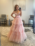 Prom Dress 2025 Rruffled Sparkly Tulle Prom Dresses Plunging V-Neck Lace Applique Formal Gown 22033-unique elegant Prom Dresses-Pink-US2-vigocouture