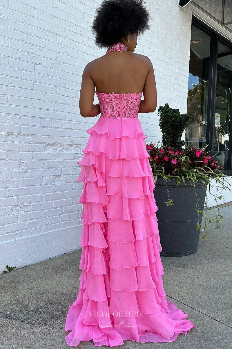 Prom Dress 2025 Ruffle Chiffon Prom Dresses with Slit Halter Neck Lace Applique 3D Flower 24118-unique elegant Prom Dresses-Hot Pink-Custom Size-vigocouture