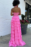 Prom Dress 2025 Ruffle Chiffon Prom Dresses with Slit Halter Neck Lace Applique 3D Flower 24118-unique elegant Prom Dresses-Hot Pink-Custom Size-vigocouture