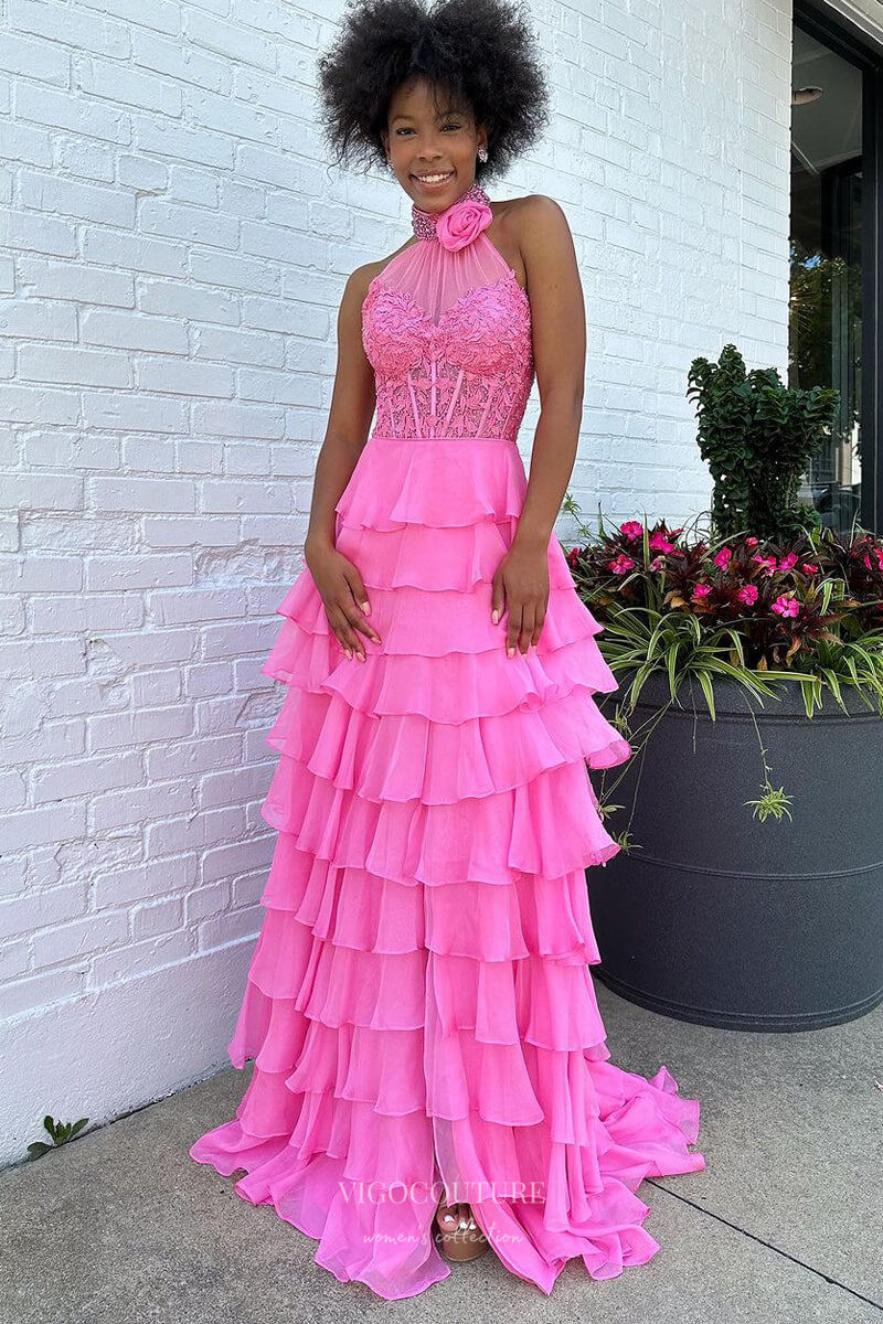 Prom Dress 2025 Ruffle Chiffon Prom Dresses with Slit Halter Neck Lace Applique 3D Flower 24118-unique elegant Prom Dresses-Hot Pink-Custom Size-vigocouture