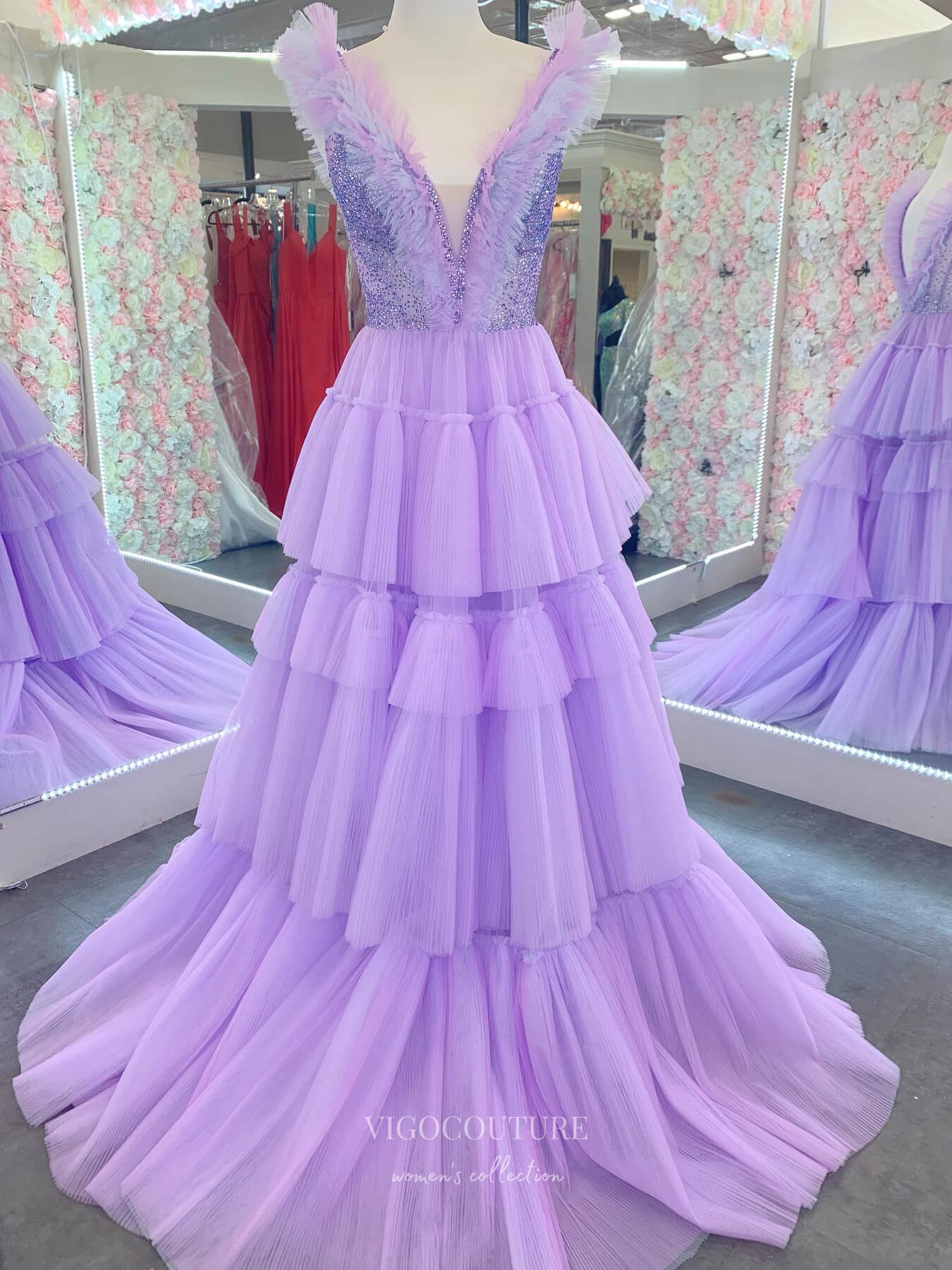 Prom Dress 2025 Ruffle Tiered A-Line Prom Dresses Plunging V-Neck Beaded Bodice 24151-unique elegant Prom Dresses-Lavender-Custom Size-vigocouture