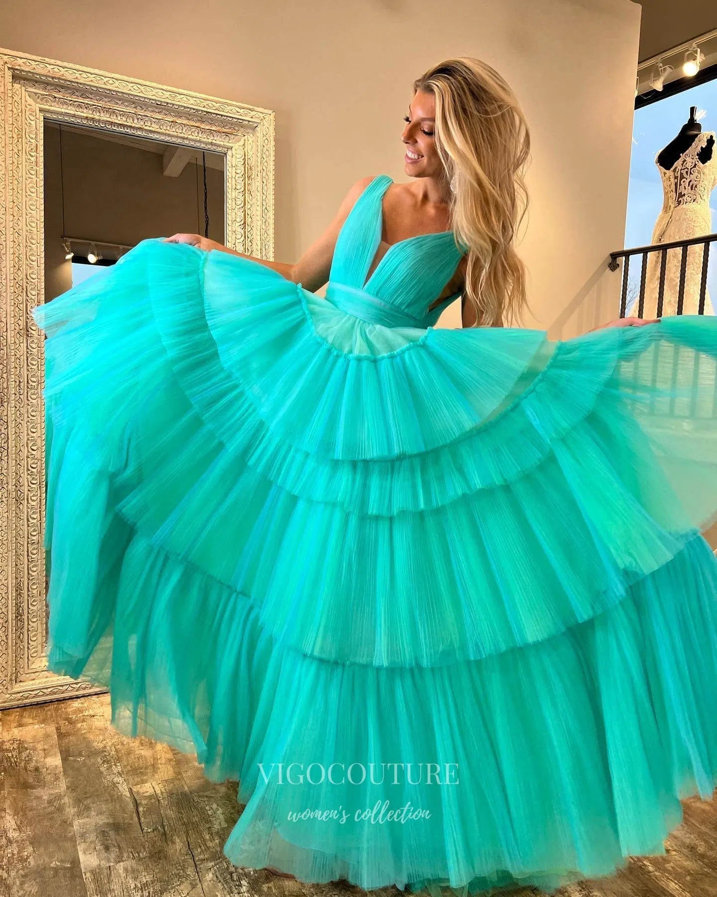 Prom Dress 2025 Ruffled Tulle Prom Dresses Plunging V-Neck Formal Dress 21901-unique elegant Prom Dresses-Aqua-US2-vigocouture