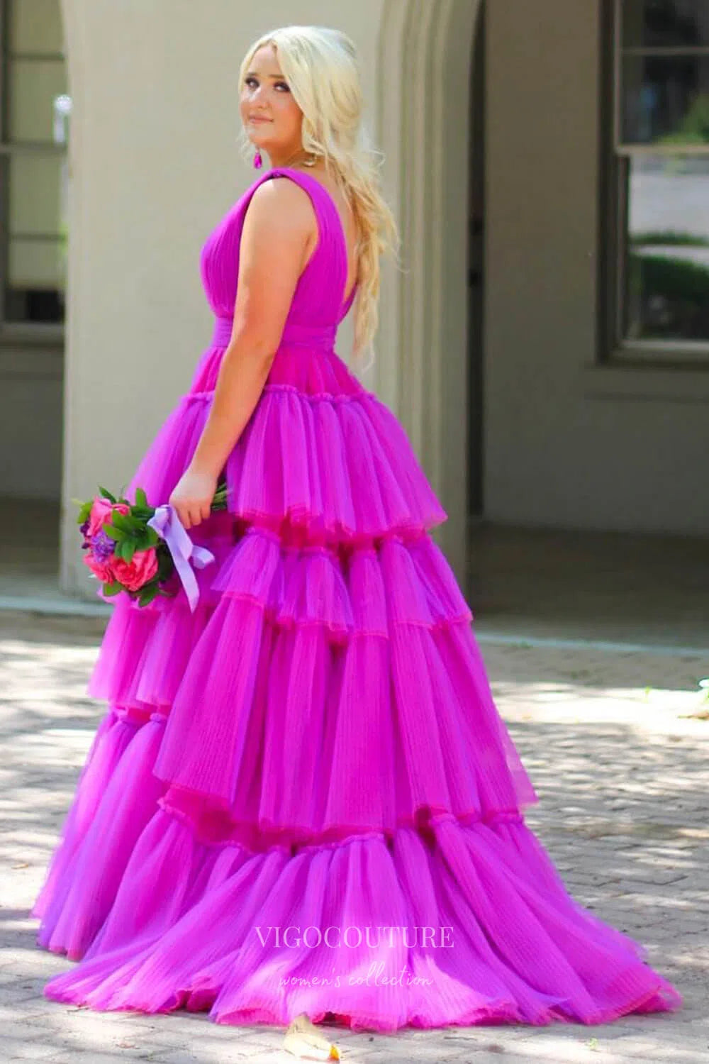 Prom Dress 2025 Ruffled Tulle Prom Dresses Plunging V-Neck Formal Dress 21901-unique elegant Prom Dresses-Magenta-US2-vigocouture