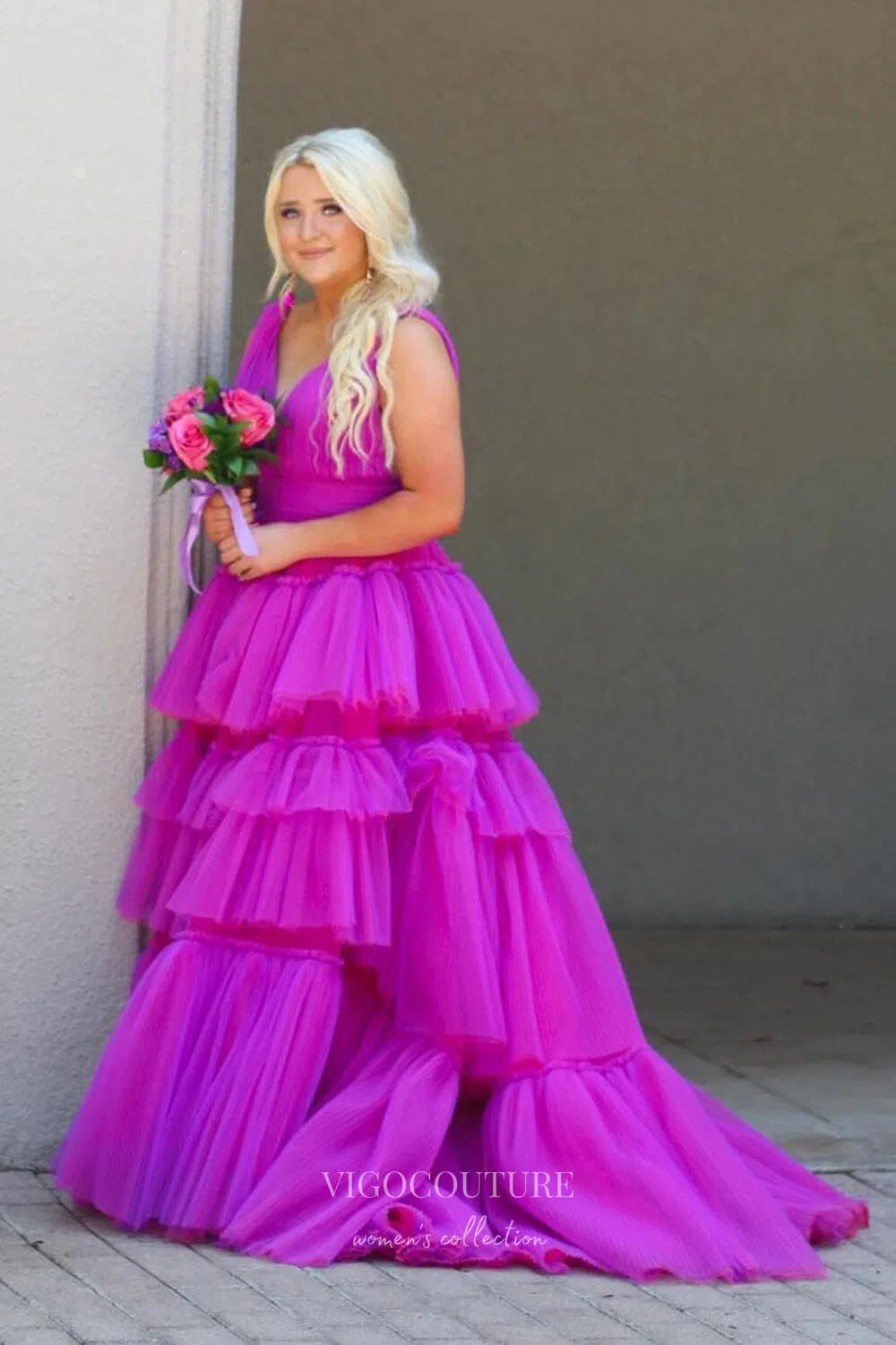 Prom Dress 2025 Ruffled Tulle Prom Dresses Plunging V-Neck Formal Dress 21901-unique elegant Prom Dresses-Magenta-US2-vigocouture