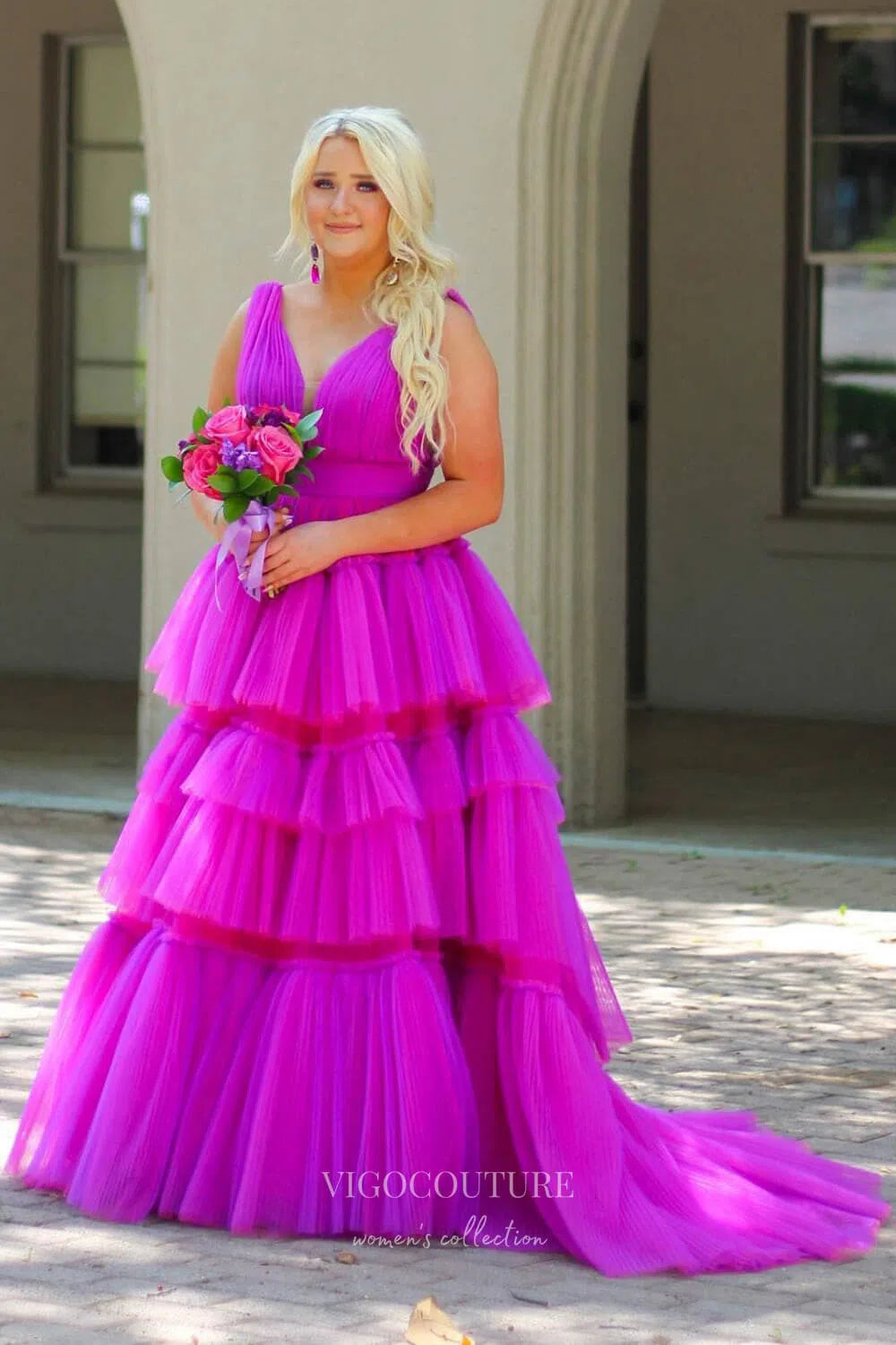 Prom Dress 2025 Ruffled Tulle Prom Dresses Plunging V-Neck Formal Dress 21901-unique elegant Prom Dresses-Magenta-US2-vigocouture