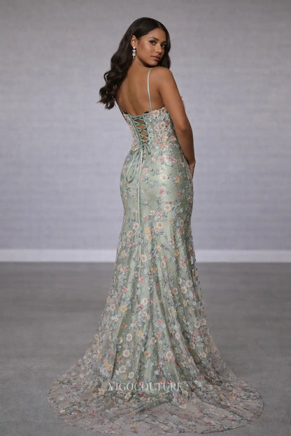 Prom Dresses 2025 to impress Sage Floral Mermaid Prom Dress with Corset Bodice, High Slit & Lace-Up Back - VG019-vigocouture-vigocouture