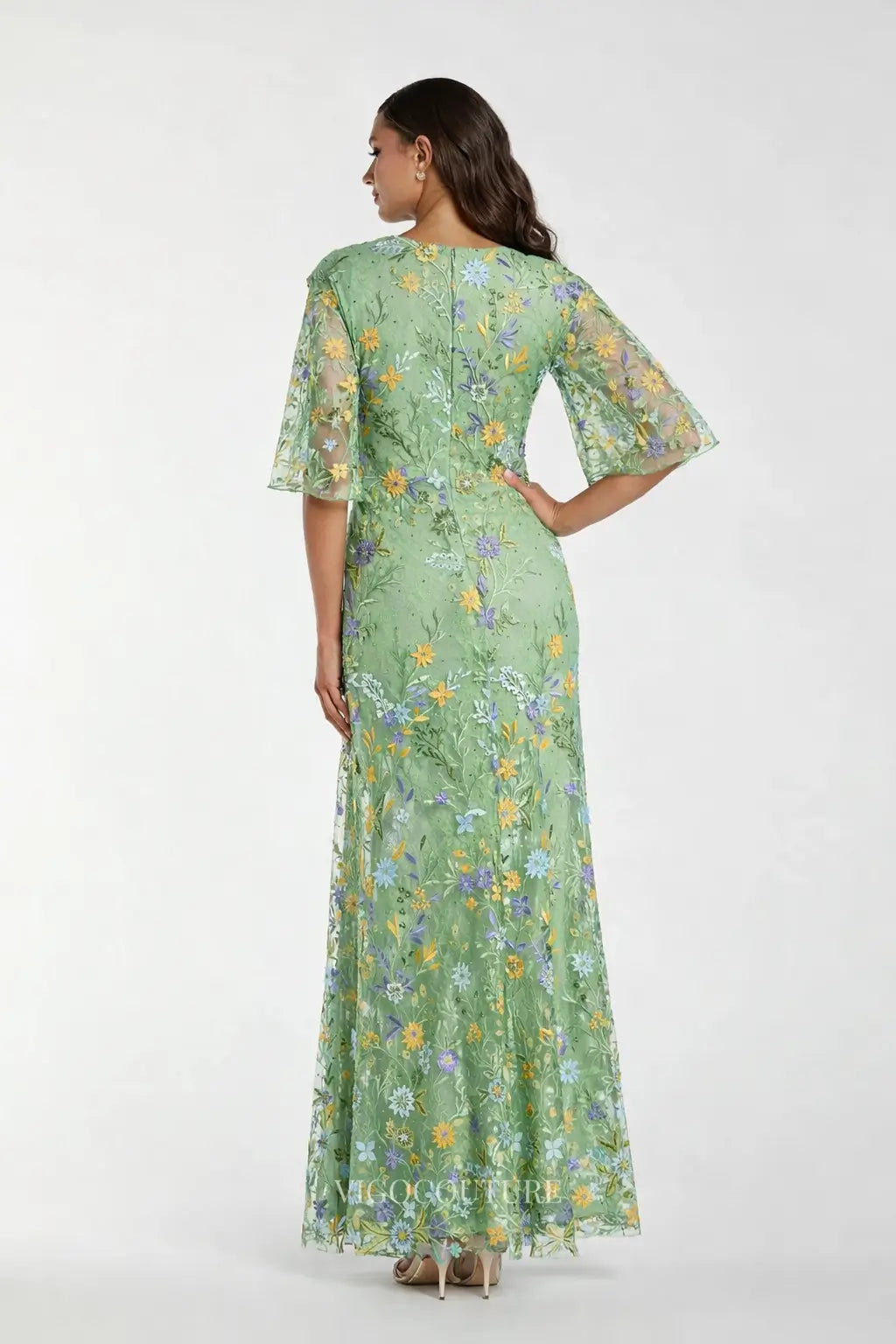 Prom Dresses 2025 to impress Sage Green Floral Embroidered Evening Dress with V-Neck Flutter Sleeves & Slit - VG012-vigocouture-vigocouture