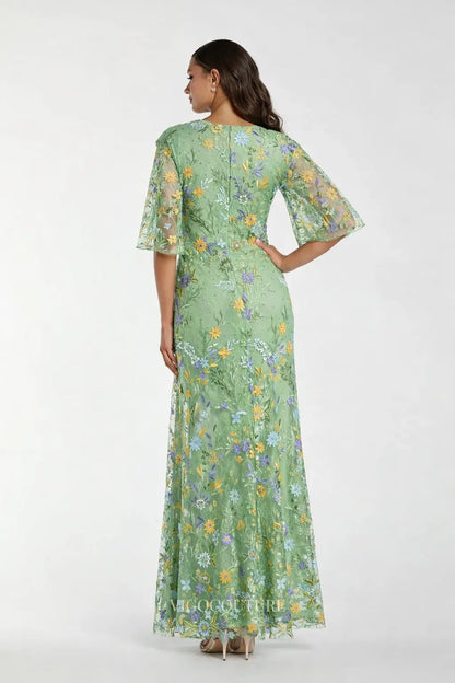 Prom Dresses 2025 to impress Sage Green Floral Embroidered Evening Dress with V-Neck Flutter Sleeves & Slit - VG012-vigocouture-vigocouture