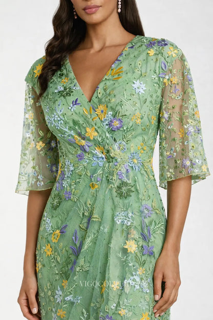 Prom Dresses 2025 to impress Sage Green Floral Embroidered Evening Dress with V-Neck Flutter Sleeves & Slit - VG012-vigocouture-vigocouture