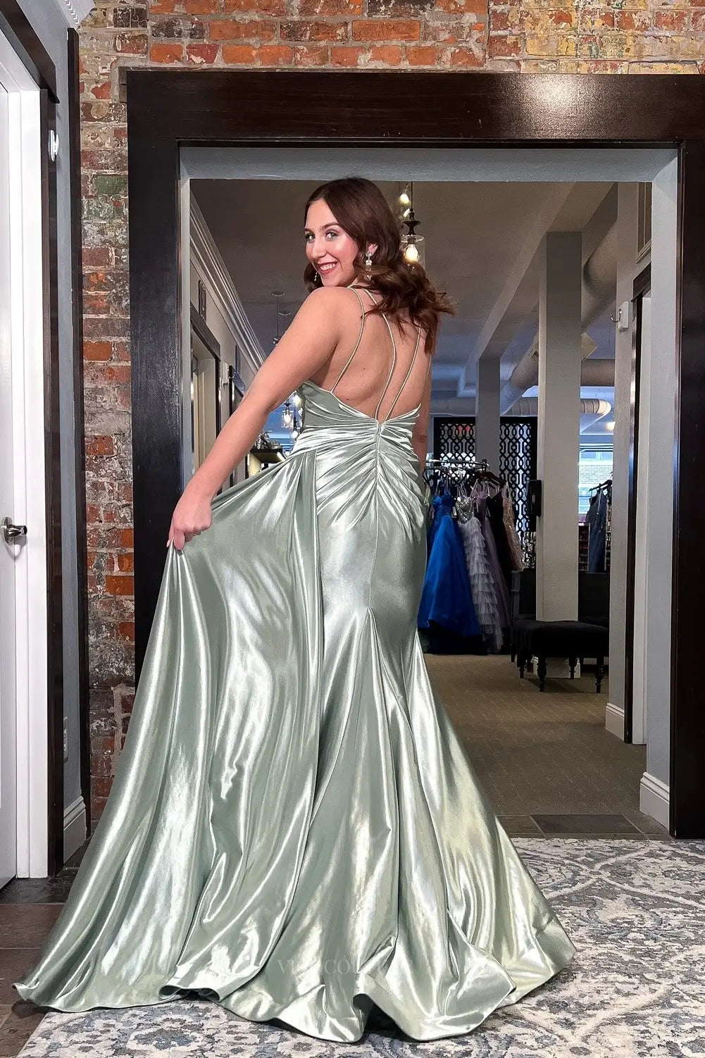Sage Green Satin Mermaid Prom Dress with Corset & Slit – 26074 – vigocouture