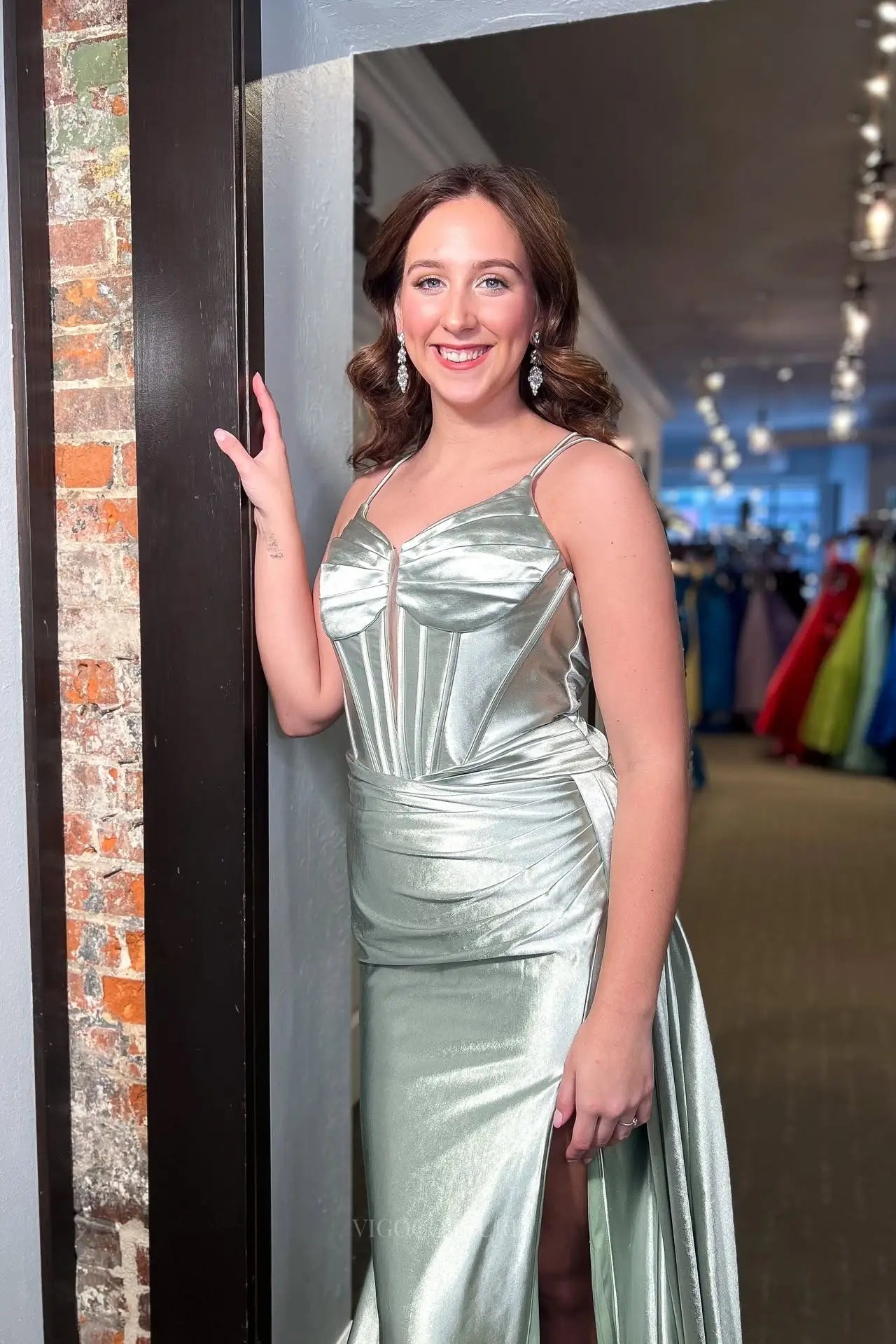 Prom Dresses 2025 to impress Sage Green Satin Mermaid Prom Dress with Corset Bodice, Spaghetti Straps & High Slit – 26074-vigocouture-vigocouture