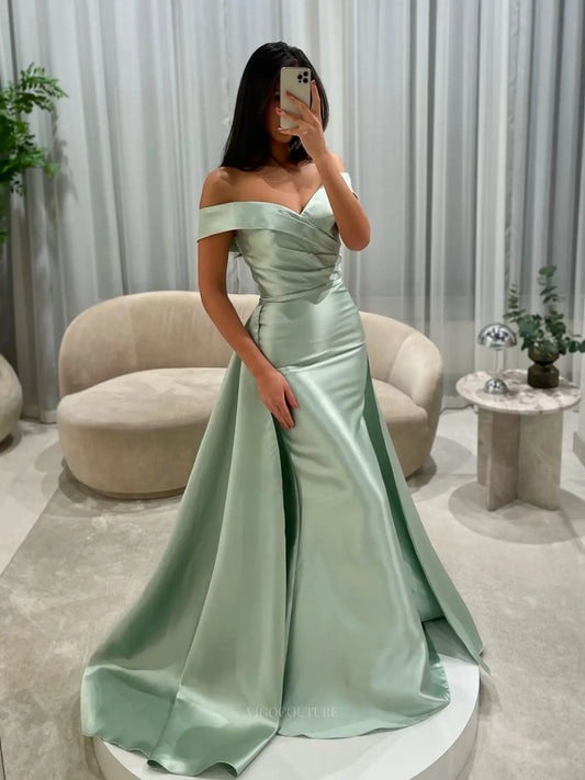 Prom Dresses 2025 to impress Sage Green Satin Mermaid Prom Dress with Ruched Off-Shoulder Bodice and Detachable Overskirt - P26042-vigocouture-Sage-Custom Size (Add Note in Cart)-vigocouture