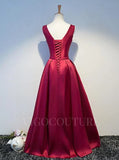 Prom Dress 2025 Satin A-Line Prom Dress 2022 Plunging V-Neck Sleeveless Prom Gown-unique elegant Prom Dresses-Burgundy-US2-vigocouture