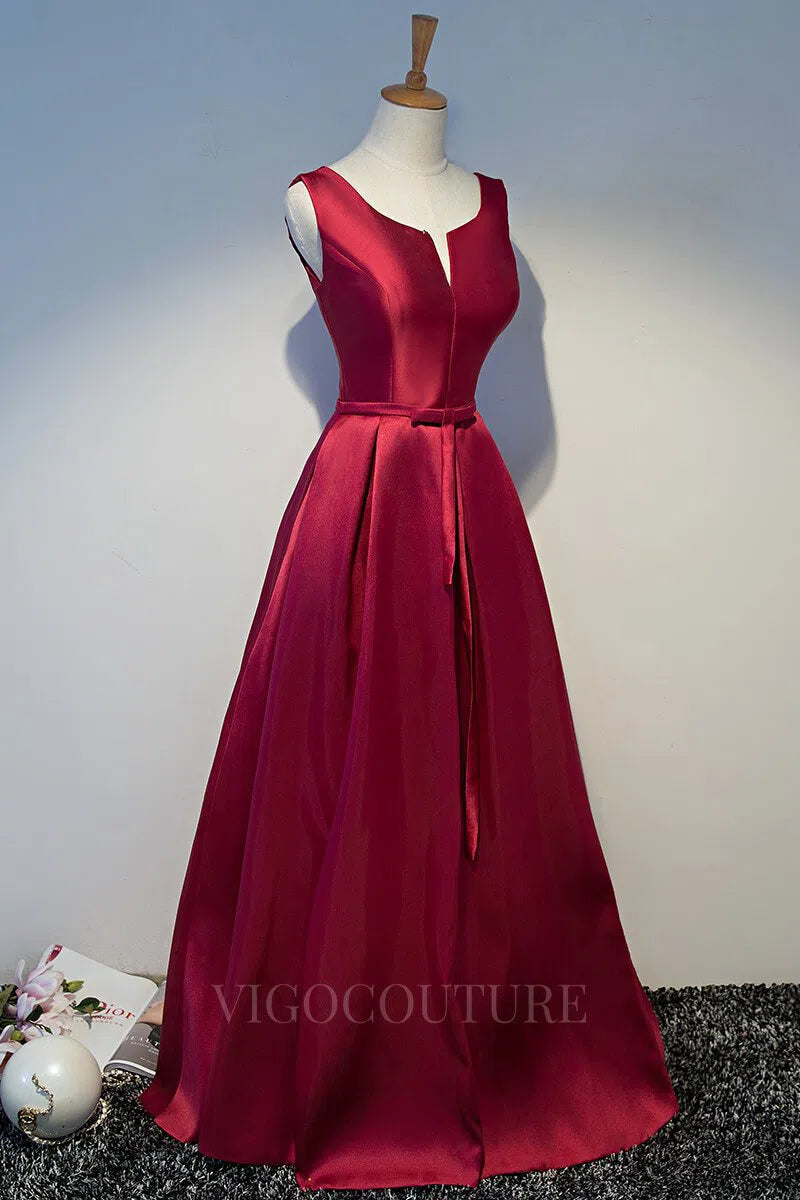 Prom Dress 2025 Satin A-Line Prom Dress 2022 Plunging V-Neck Sleeveless Prom Gown-unique elegant Prom Dresses-Burgundy-US2-vigocouture