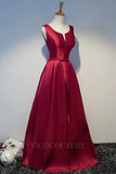 Prom Dress 2025 Satin A-Line Prom Dress 2022 Plunging V-Neck Sleeveless Prom Gown-unique elegant Prom Dresses-Burgundy-US2-vigocouture