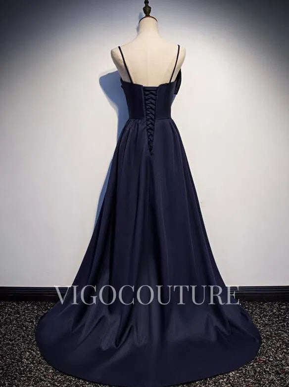 Prom Dress 2025 Satin A-line Prom Dress 2022 Spaghetti Strap Prom Gown-unique elegant Prom Dresses-Navy Blue-US2-vigocouture