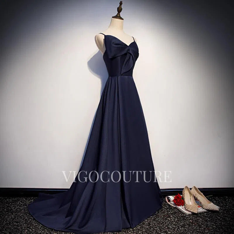 Prom Dress 2025 Satin A-line Prom Dress 2022 Spaghetti Strap Prom Gown-unique elegant Prom Dresses-Navy Blue-US2-vigocouture