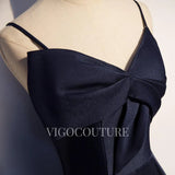 Prom Dress 2025 Satin A-line Prom Dress 2022 Spaghetti Strap Prom Gown-unique elegant Prom Dresses-Navy Blue-US2-vigocouture