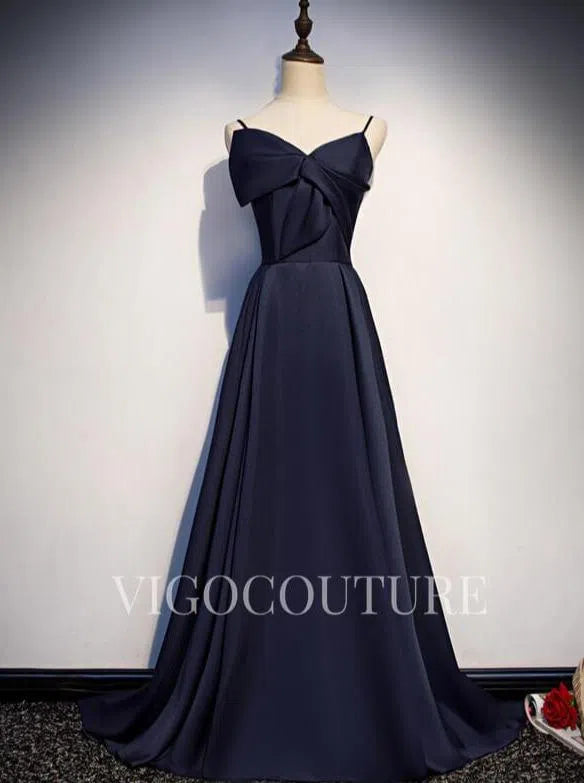 Prom Dress 2025 Satin A-line Prom Dress 2022 Spaghetti Strap Prom Gown-unique elegant Prom Dresses-Navy Blue-US2-vigocouture