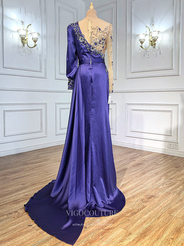 Prom Dress 2025 Satin Beaded Prom Dresses Long Sleeve Formal Dresses 21237-unique elegant Prom Dresses-Purple-US2-vigocouture