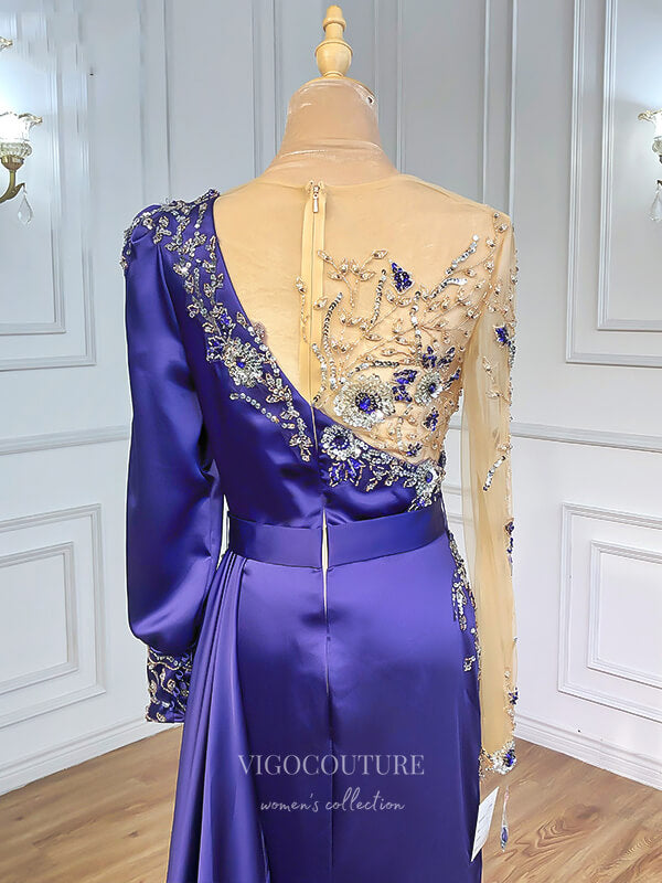 Prom Dress 2025 Satin Beaded Prom Dresses Long Sleeve Formal Dresses 21237-unique elegant Prom Dresses-Purple-US2-vigocouture