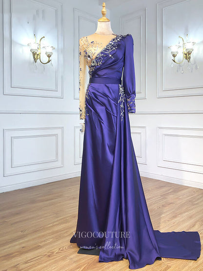 Satin Beaded Prom Dresses Long Sleeve Formal Dresses 21237 vigocouture Satin Beaded Prom Dresses Long Sleeve Formal Dresses 21237 vigocouture