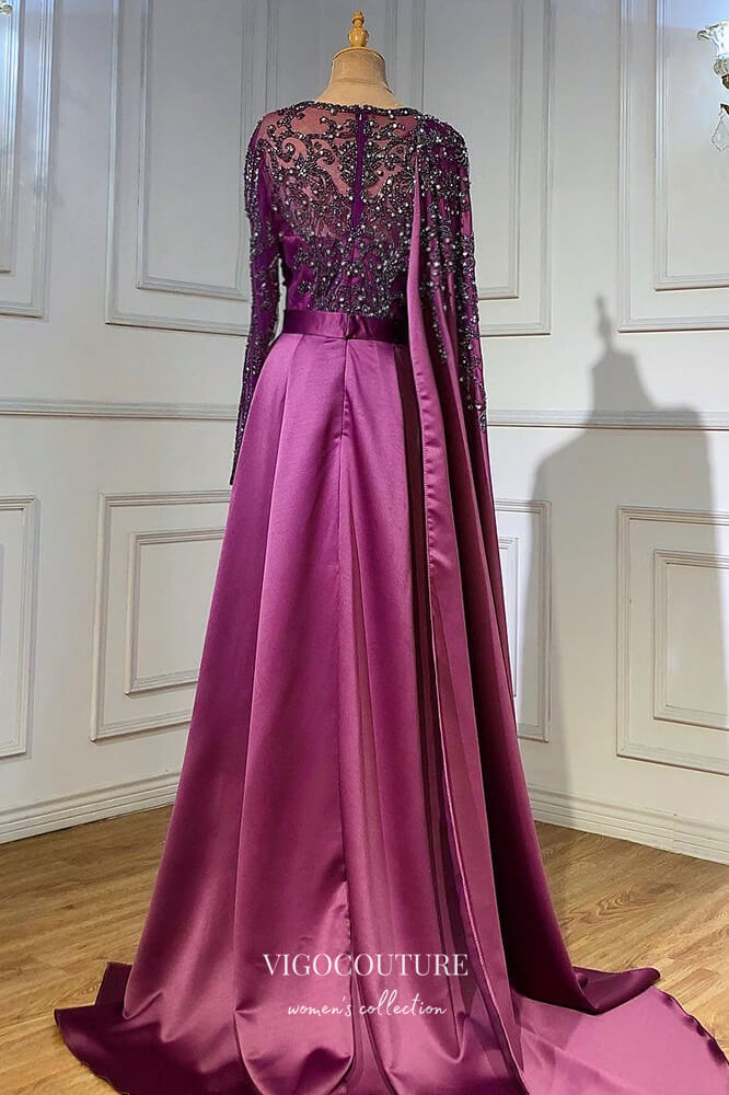 Prom Dress 2025 Satin Beaded Sheath Formal Dresses Long Sleeve Prom Dress 21609-unique elegant Prom Dresses-As Pictured-US2-vigocouture