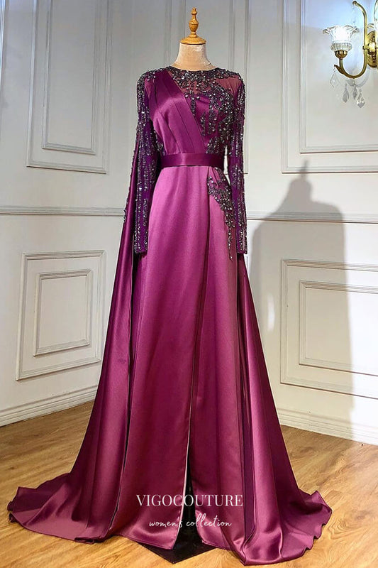 Prom Dress 2025 Satin Beaded Sheath Formal Dresses Long Sleeve Prom Dress 21609-unique elegant Prom Dresses-As Pictured-US2-vigocouture