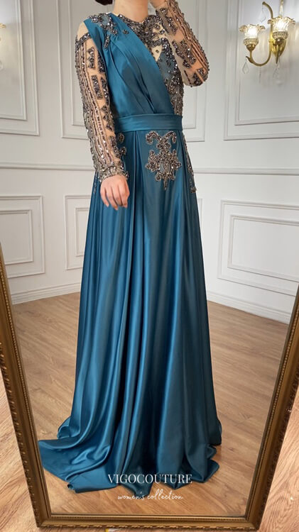 Prom Dress 2025 Satin Beaded Sheath Formal Dresses Long Sleeve Prom Dress 21615-unique elegant Prom Dresses-Blue-US2-vigocouture