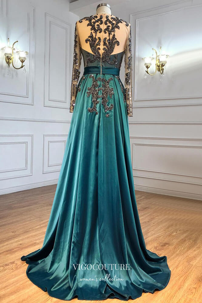 Prom Dress 2025 Satin Beaded Sheath Formal Dresses Long Sleeve Prom Dress 21615-unique elegant Prom Dresses-Blue-US2-vigocouture