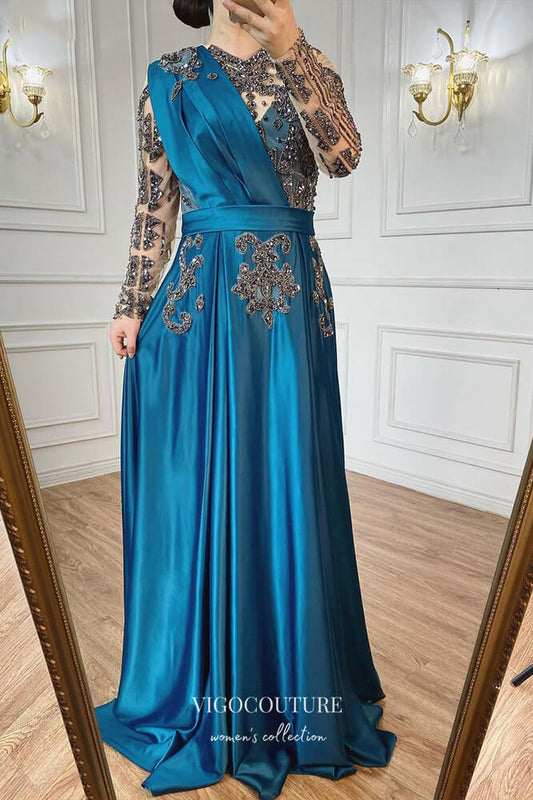 Prom Dress 2025 Satin Beaded Sheath Formal Dresses Long Sleeve Prom Dress 21615-unique elegant Prom Dresses-Blue-US2-vigocouture