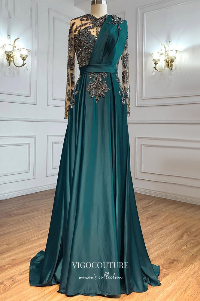 Prom Dress 2025 Satin Beaded Sheath Formal Dresses Long Sleeve Prom Dress 21615-unique elegant Prom Dresses-Green-US2-vigocouture