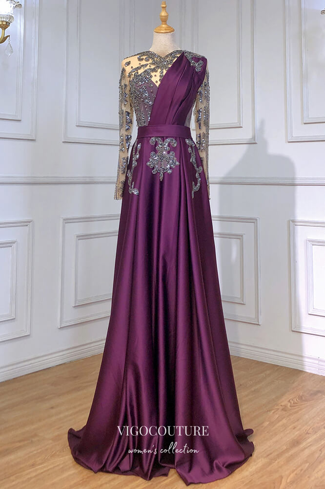 Beaded Satin Purple Evening Dresses Long Sleeve Pageant Dress FD3000 Purple / US12 Beaded Satin Purple Evening Dresses Long Sleeve Pageant Dress FD3000 Purple / US12