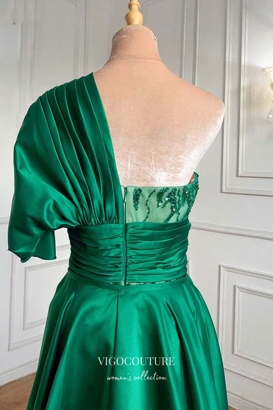 Prom Dress 2025 Satin Beaded Sheath Formal Dresses One Shoulder Prom Dress 21613-unique elegant Prom Dresses-Green-US2-vigocouture