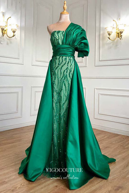 Prom Dress 2025 Satin Beaded Sheath Formal Dresses One Shoulder Prom Dress 21613-unique elegant Prom Dresses-Green-US2-vigocouture