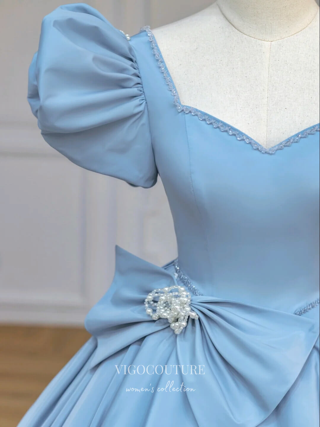 Prom Dress 2025 Satin Bow-Tie Prom Dresses Puffed Sleeve Formal Dresses 21150-unique elegant Prom Dresses-Light Blue-Custom Size-vigocouture