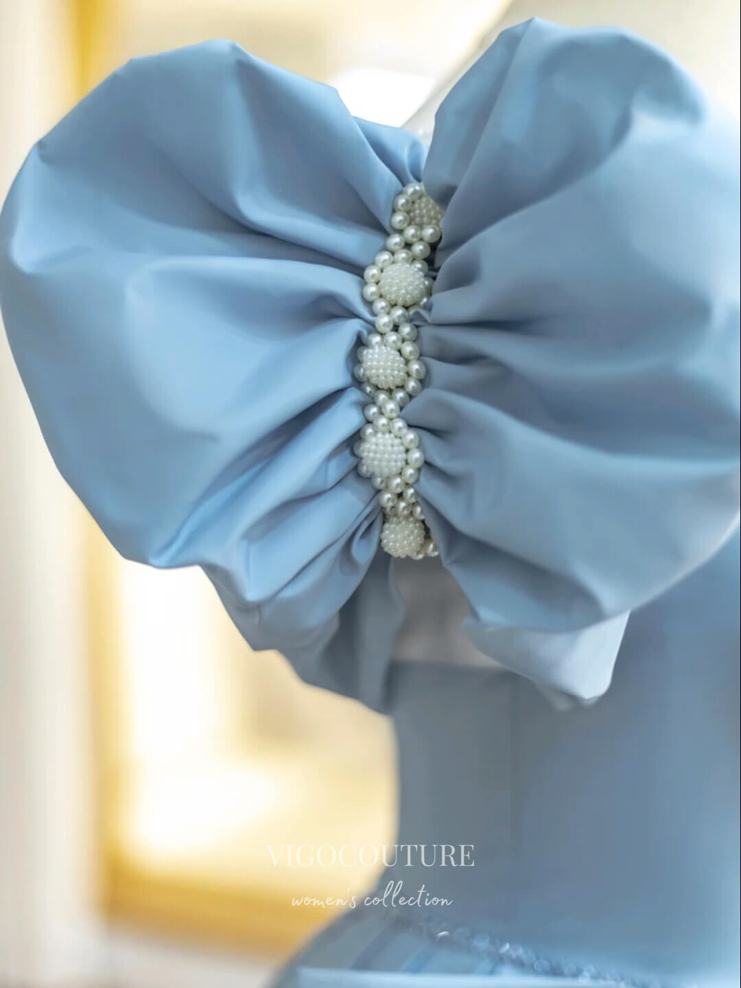 Prom Dress 2025 Satin Bow-Tie Prom Dresses Puffed Sleeve Formal Dresses 21150-unique elegant Prom Dresses-Light Blue-Custom Size-vigocouture