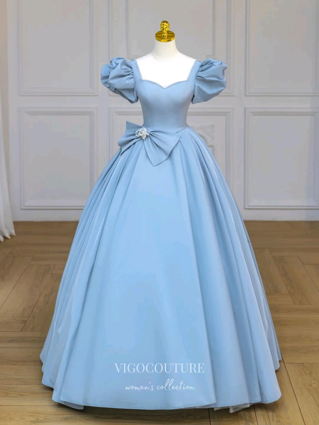 Prom Dress 2025 Satin Bow-Tie Prom Dresses Puffed Sleeve Formal Dresses 21150-unique elegant Prom Dresses-Light Blue-Custom Size-vigocouture