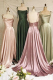 Satin Cowl Neck Prom Dresses with Spaghetti Straps and Slit Comfortable Formal Gown 20577