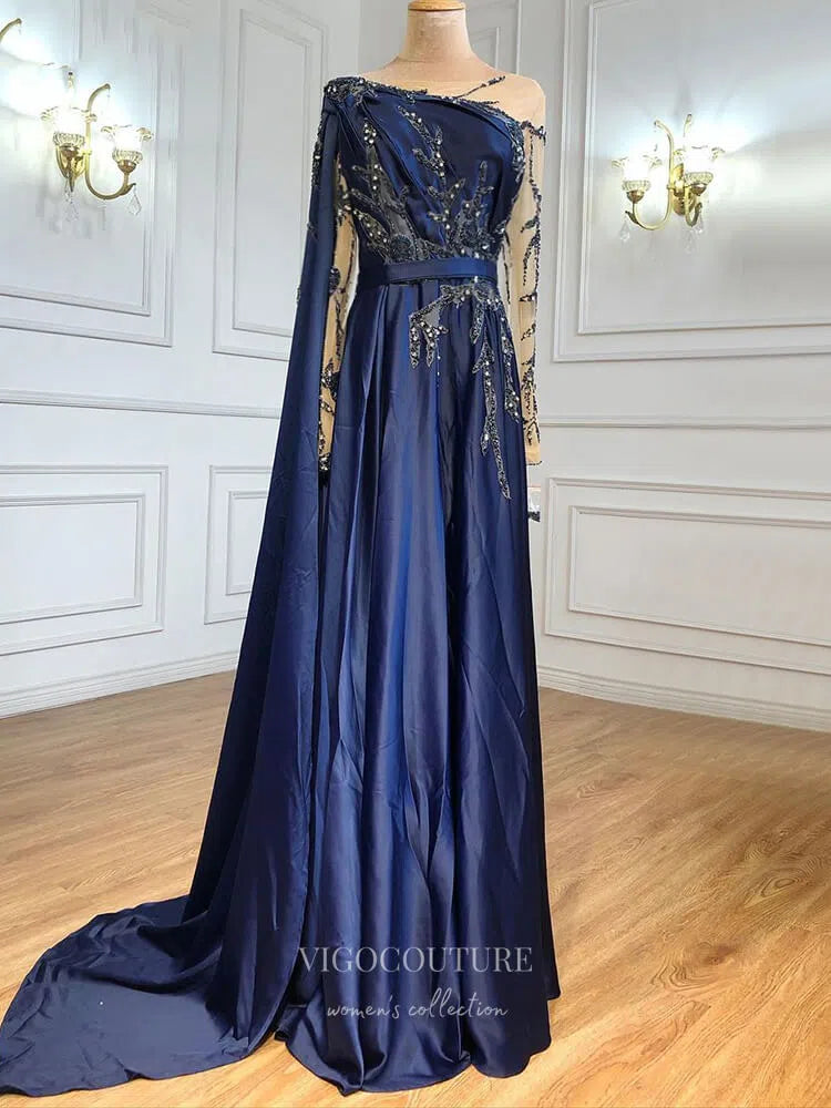 Prom Dress 2025 Satin Lace Applique Prom Dresses Long Sleeve Formal Dresses 21281-unique elegant Prom Dresses-Blue-US2-vigocouture