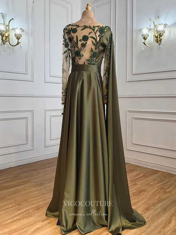 Prom Dress 2025 Satin Lace Applique Prom Dresses Long Sleeve Formal Dresses 21281-unique elegant Prom Dresses-Green-US2-vigocouture