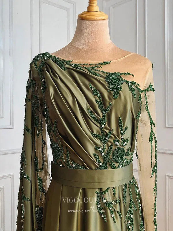 Prom Dress 2025 Satin Lace Applique Prom Dresses Long Sleeve Formal Dresses 21281-unique elegant Prom Dresses-Green-US2-vigocouture