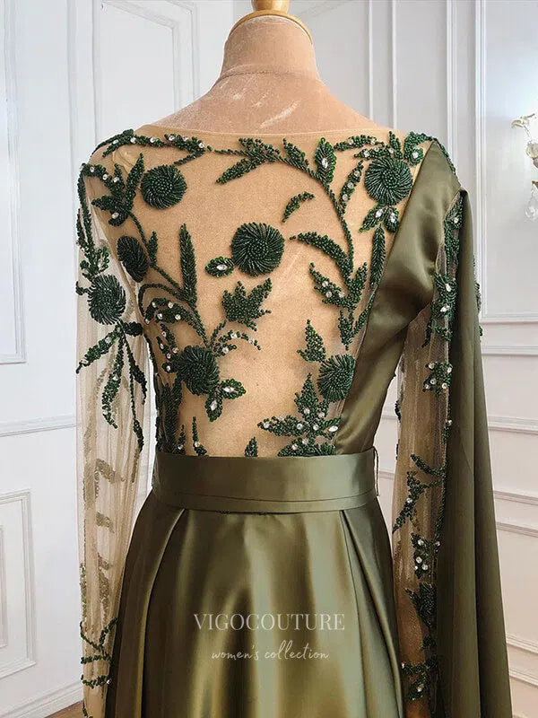 Prom Dress 2025 Satin Lace Applique Prom Dresses Long Sleeve Formal Dresses 21281-unique elegant Prom Dresses-Green-US2-vigocouture