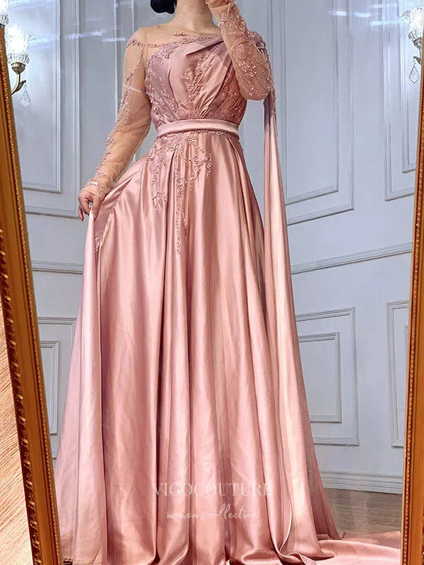 Prom Dress 2025 Satin Lace Applique Prom Dresses Long Sleeve Formal Dresses 21281-unique elegant Prom Dresses-Pink-US2-vigocouture