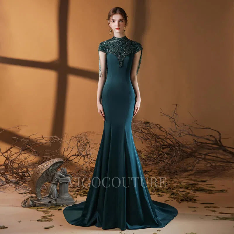 Prom Dress 2025 Satin Mermaid Cap Sleeve Beaded Prom Dresses 20022-unique elegant Prom Dresses-Green-US2-vigocouture