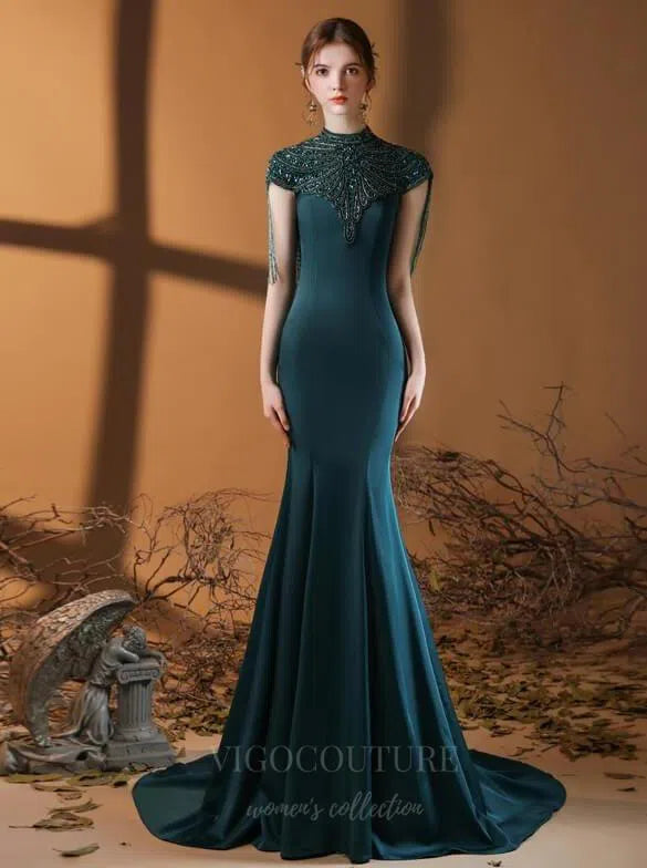 Prom Dress 2025 Satin Mermaid Cap Sleeve Beaded Prom Dresses 20022-unique elegant Prom Dresses-Green-US2-vigocouture