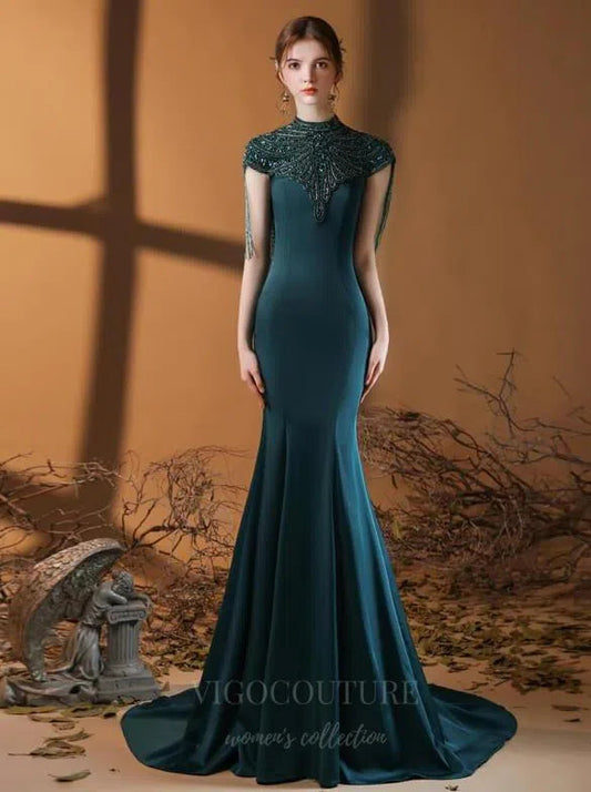 Prom Dress 2025 Satin Mermaid Cap Sleeve Beaded Prom Dresses 20022-unique elegant Prom Dresses-Green-US2-vigocouture