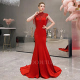 Prom Dress 2025 Satin Mermaid Cap Sleeve Beaded Prom Dresses 20022-unique elegant Prom Dresses-Red-US2-vigocouture